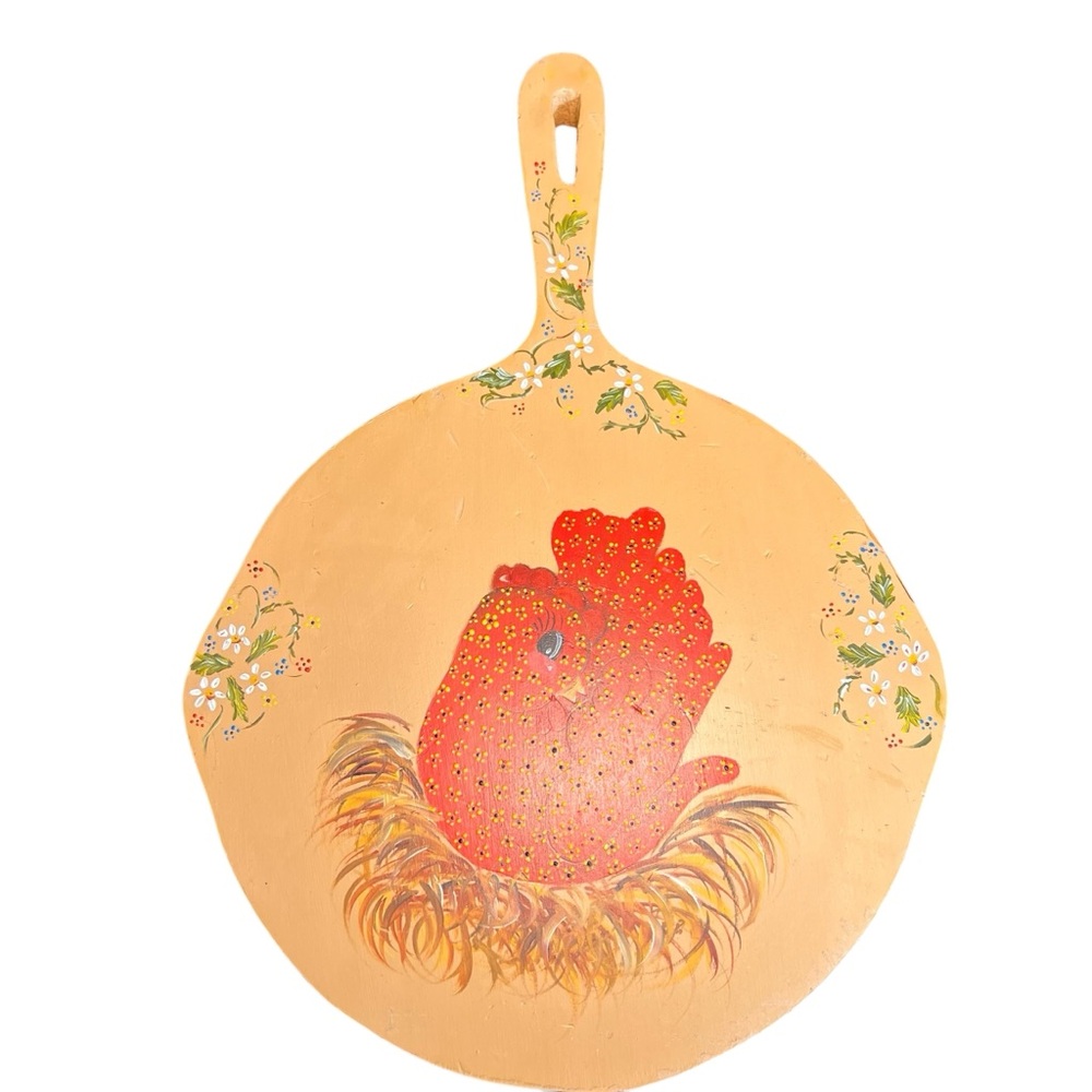 Folk Art Hand Painted Wood Calico Chicken & Flowers Wall Hanging Farmhouse